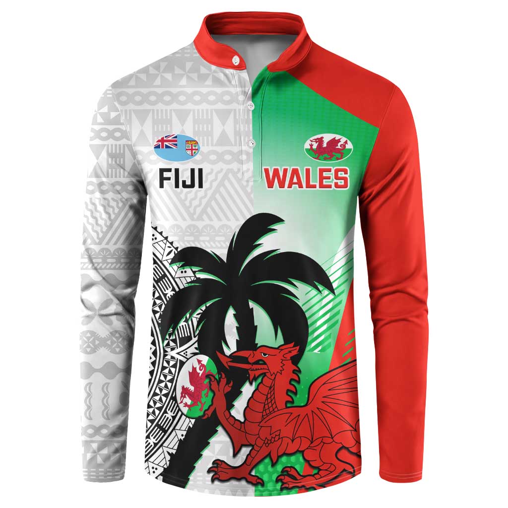 Multicolor rugby button sweatshirt with red sleeves, green/white front, dragon and Wales crest