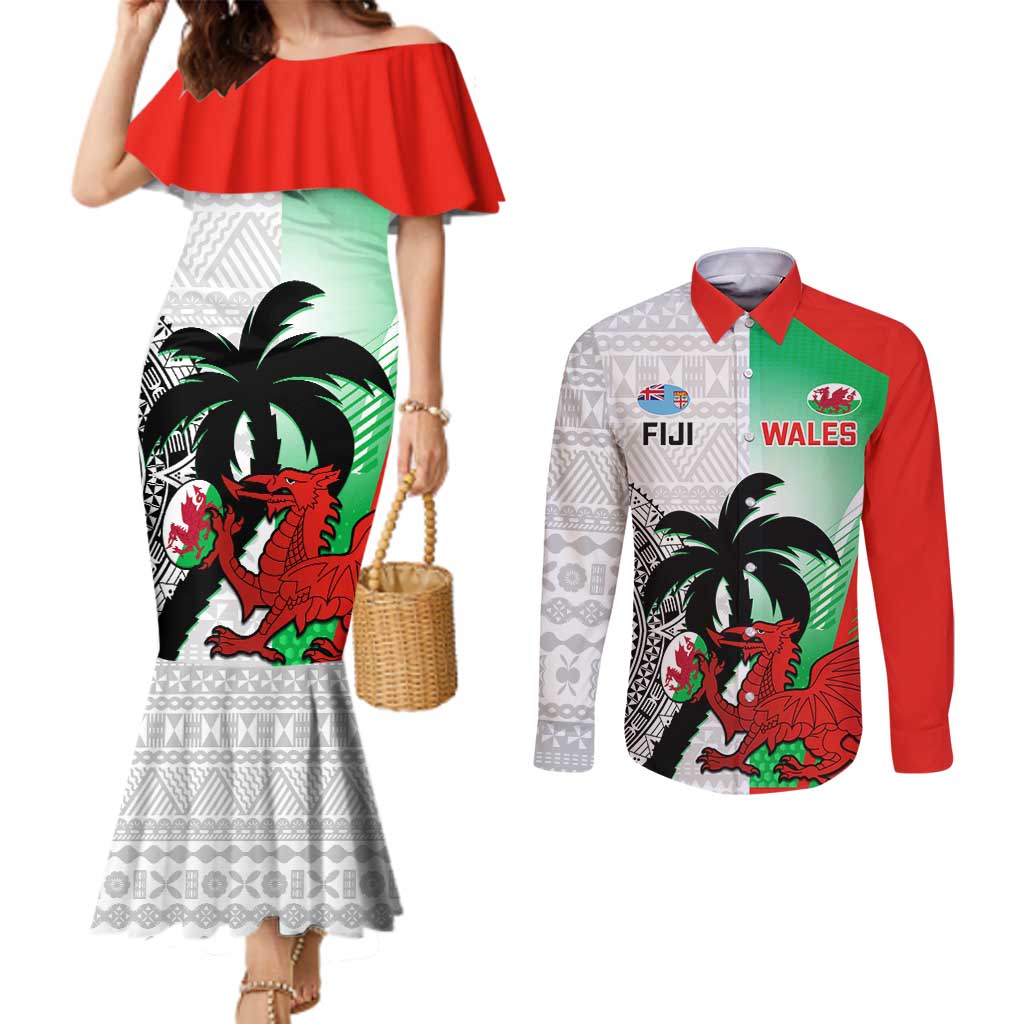 Custom Fiji And Wales Rugby Couples Matching Mermaid Dress and Long Sleeve Button Shirt Fijian Tapa Welsh Mascots Dynamic Version