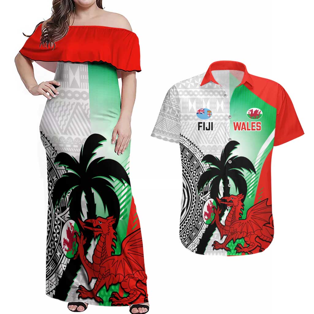 Custom Fiji And Wales Rugby Couples Matching Off Shoulder Maxi Dress and Hawaiian Shirt Fijian Tapa Welsh Mascots Dynamic Version - Wonder Print Shop