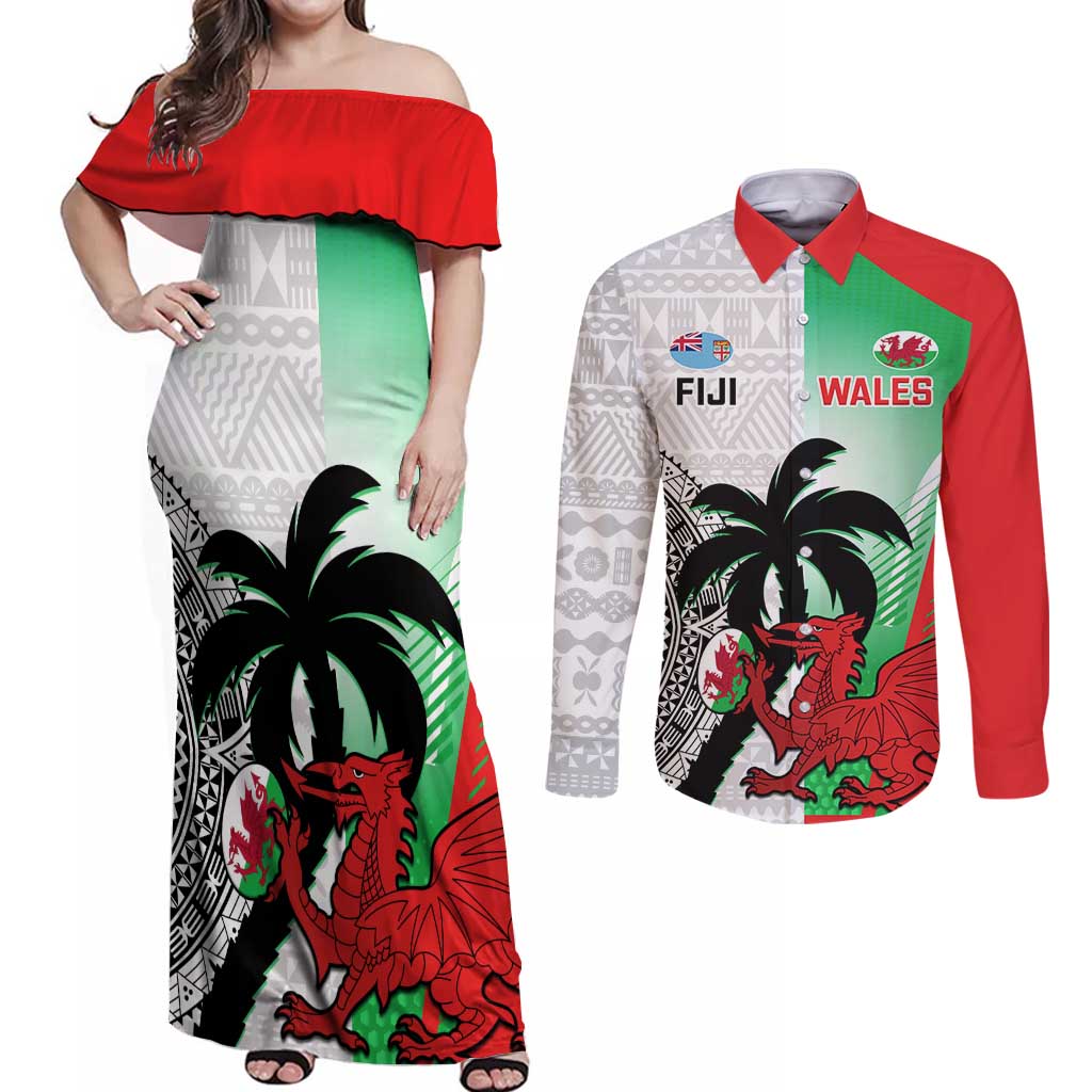 Custom Fiji And Wales Rugby Couples Matching Off Shoulder Maxi Dress and Long Sleeve Button Shirt Fijian Tapa Welsh Mascots Dynamic Version - Wonder Print Shop