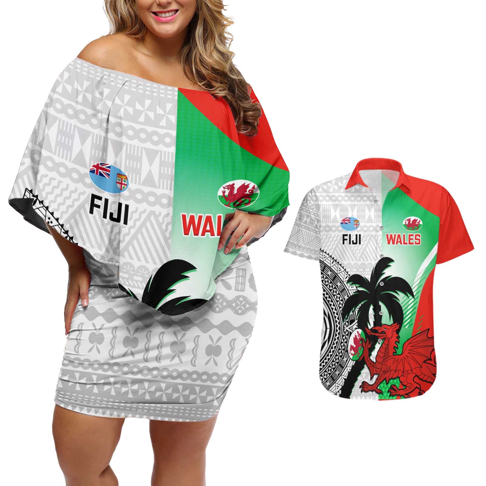 Custom Fiji And Wales Rugby Couples Matching Off Shoulder Short Dress and Hawaiian Shirt Fijian Tapa Welsh Mascots Dynamic Version - Wonder Print Shop