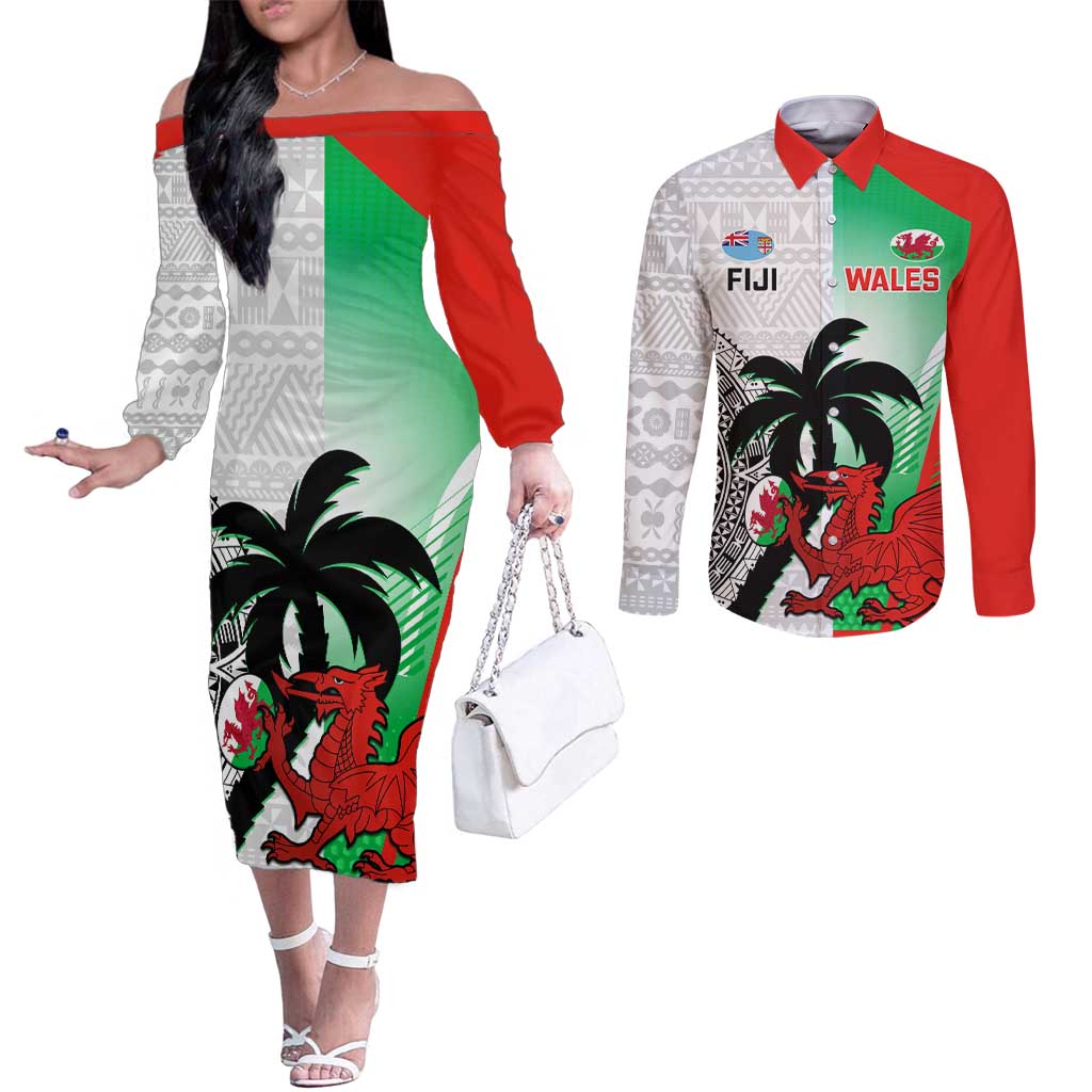 Custom Fiji And Wales Rugby Couples Matching Off The Shoulder Long Sleeve Dress and Long Sleeve Button Shirt Fijian Tapa Welsh Mascots Dynamic Version