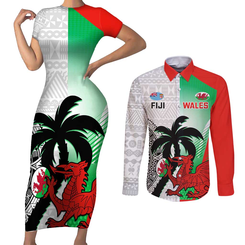 Custom Fiji And Wales Rugby Couples Matching Short Sleeve Bodycon Dress and Long Sleeve Button Shirt Fijian Tapa Welsh Mascots Dynamic Version - Wonder Print Shop