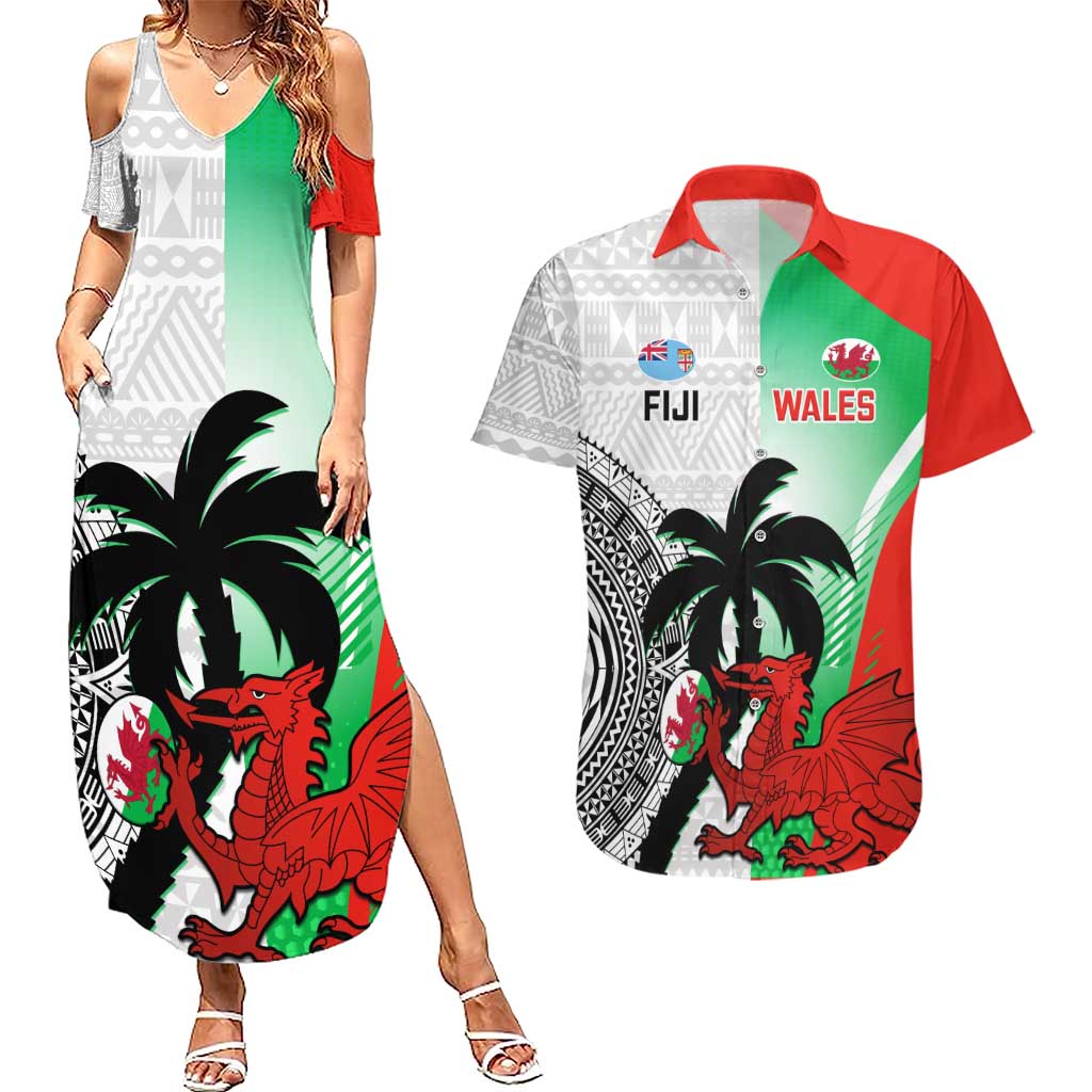 Custom Fiji And Wales Rugby Couples Matching Summer Maxi Dress and Hawaiian Shirt Fijian Tapa Welsh Mascots Dynamic Version - Wonder Print Shop