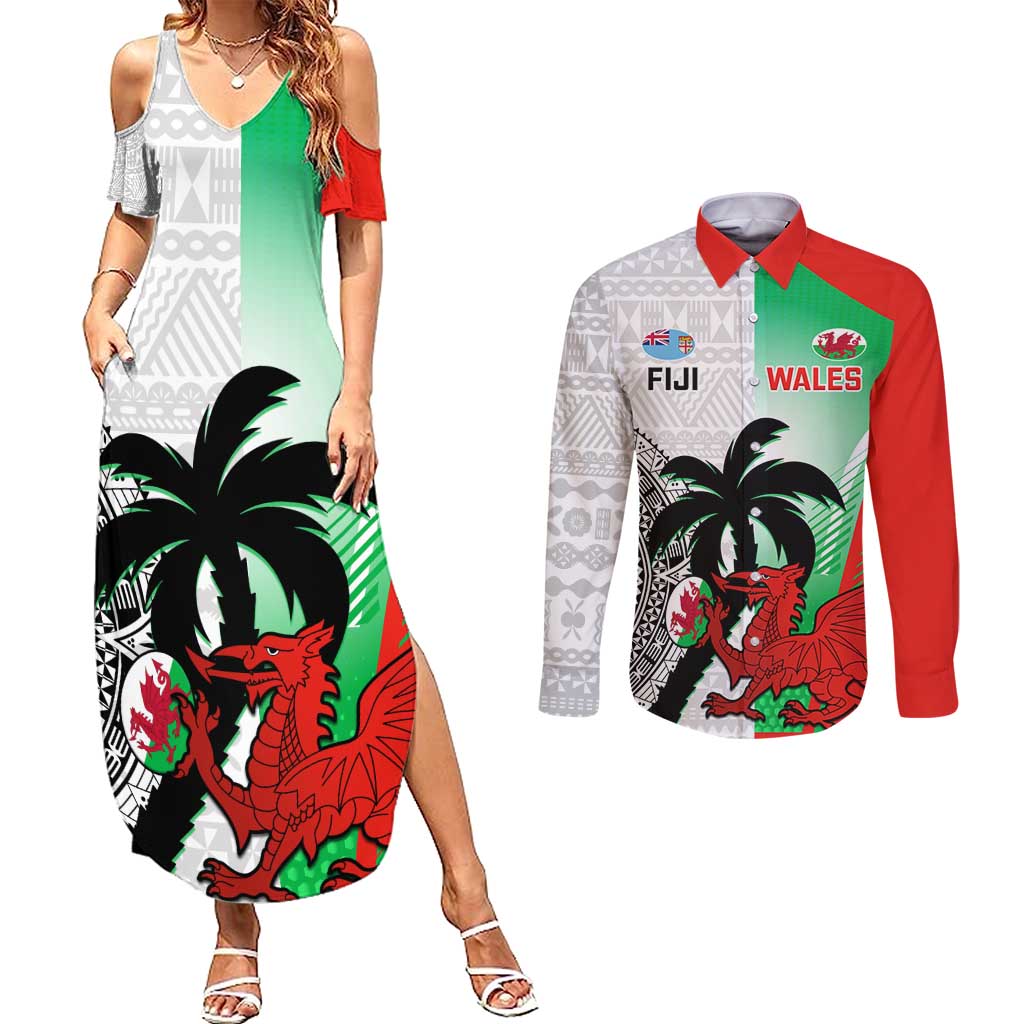 Custom Fiji And Wales Rugby Couples Matching Summer Maxi Dress and Long Sleeve Button Shirt Fijian Tapa Welsh Mascots Dynamic Version - Wonder Print Shop