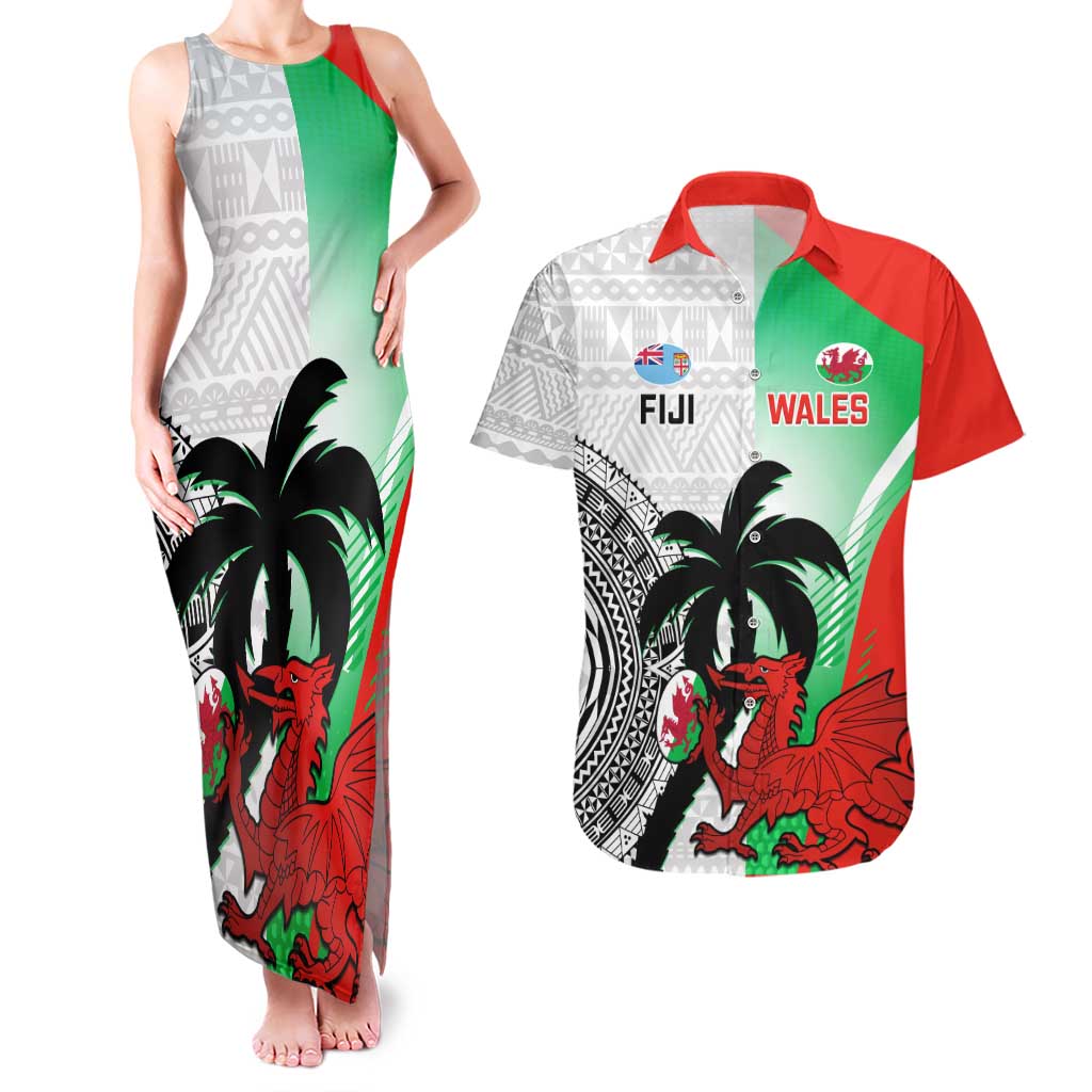 Custom Fiji And Wales Rugby Couples Matching Tank Maxi Dress and Hawaiian Shirt Fijian Tapa Welsh Mascots Dynamic Version - Wonder Print Shop