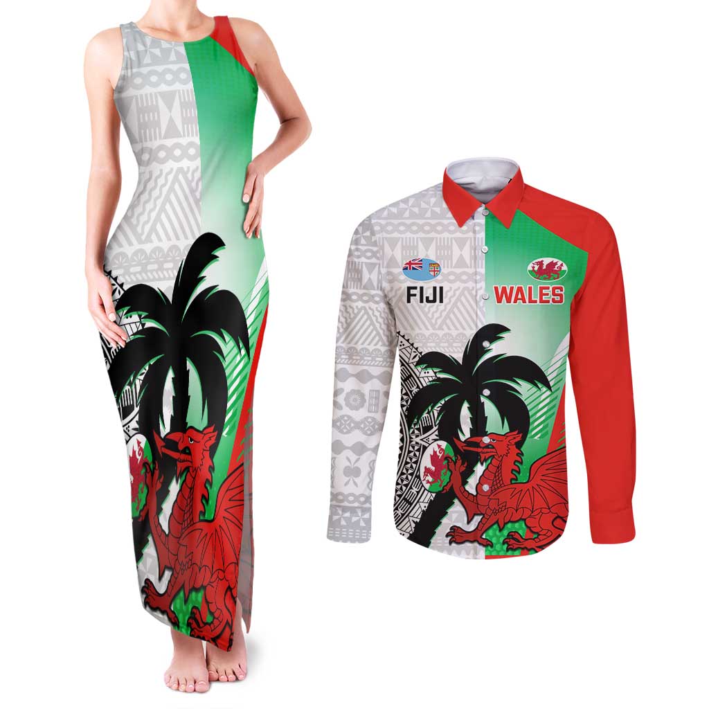 Custom Fiji And Wales Rugby Couples Matching Tank Maxi Dress and Long Sleeve Button Shirt Fijian Tapa Welsh Mascots Dynamic Version - Wonder Print Shop