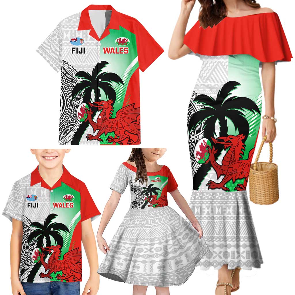 Custom Fiji And Wales Rugby Family Matching Mermaid Dress and Hawaiian Shirt Fijian Tapa Welsh Mascots Dynamic Version - Wonder Print Shop