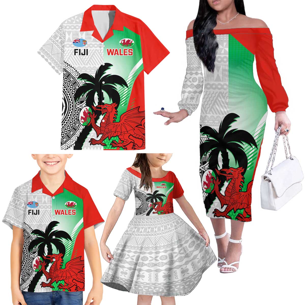 Custom Fiji And Wales Rugby Family Matching Off The Shoulder Long Sleeve Dress and Hawaiian Shirt Fijian Tapa Welsh Mascots Dynamic Version - Wonder Print Shop