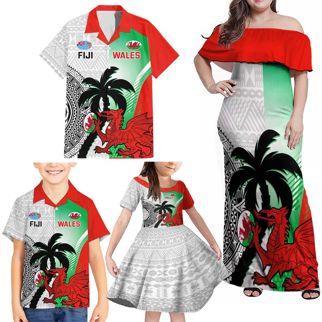 Custom Fiji And Wales Rugby Family Matching Off Shoulder Maxi Dress and Hawaiian Shirt Fijian Tapa Welsh Mascots Dynamic Version - Wonder Print Shop