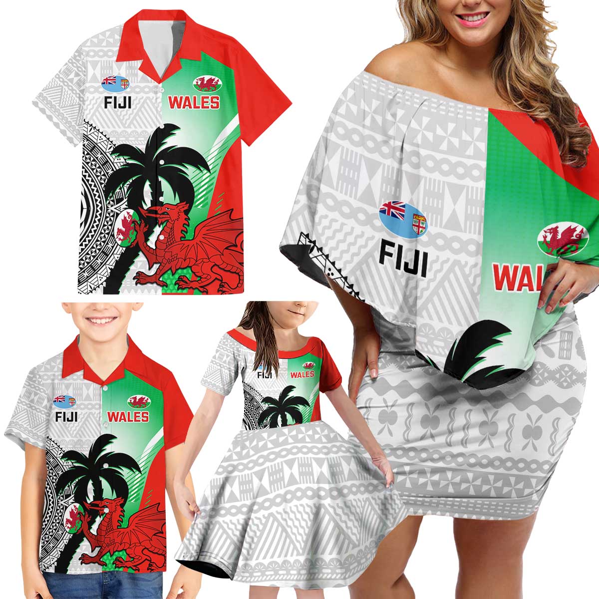 Custom Fiji And Wales Rugby Family Matching Off Shoulder Short Dress and Hawaiian Shirt Fijian Tapa Welsh Mascots Dynamic Version - Wonder Print Shop