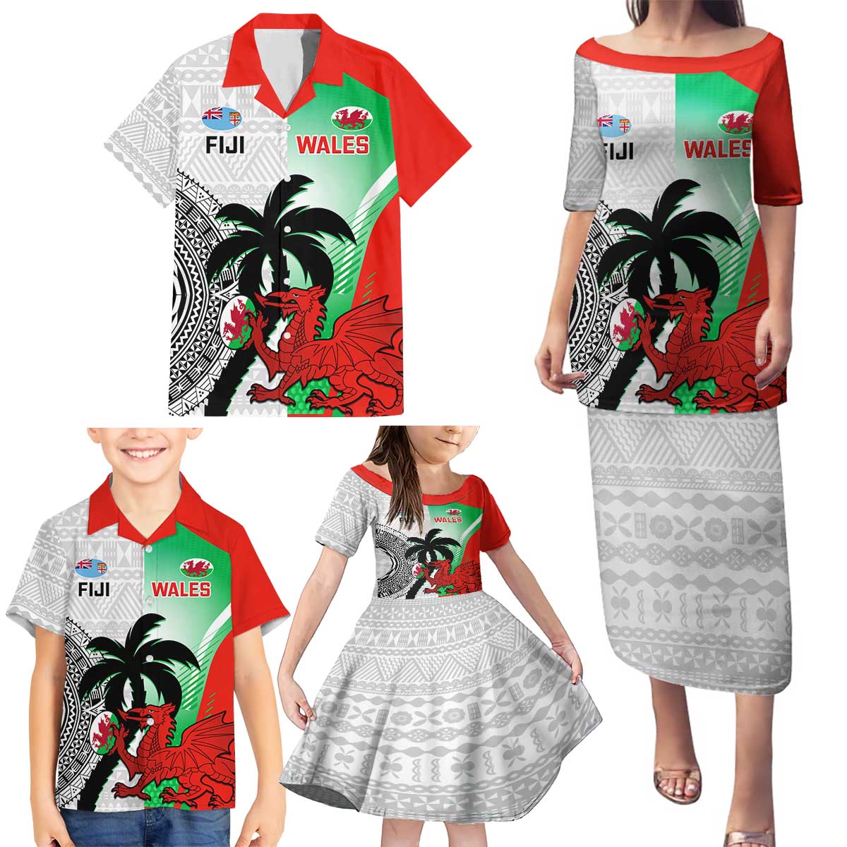 Custom Fiji And Wales Rugby Family Matching Puletasi and Hawaiian Shirt Fijian Tapa Welsh Mascots Dynamic Version - Wonder Print Shop