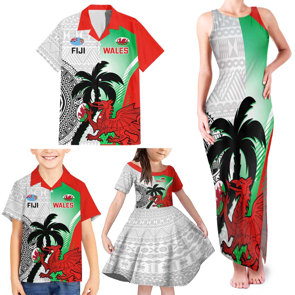 Custom Fiji And Wales Rugby Family Matching Tank Maxi Dress and Hawaiian Shirt Fijian Tapa Welsh Mascots Dynamic Version - Wonder Print Shop