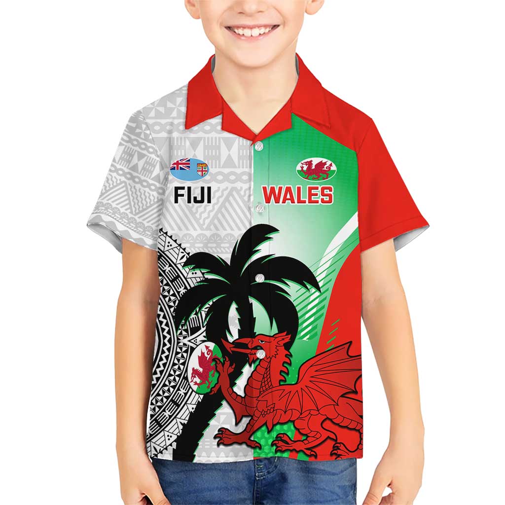 Custom Fiji And Wales Rugby Kid Hawaiian Shirt Fijian Tapa Welsh Mascots Dynamic Version - Wonder Print Shop