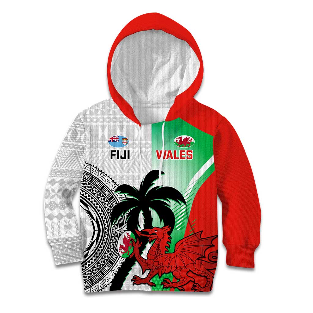 Custom Fiji And Wales Rugby Kid Hoodie Fijian Tapa Welsh Mascots Dynamic Version - Wonder Print Shop