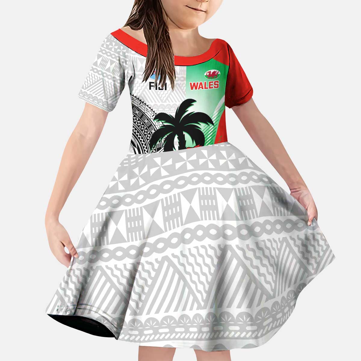 Custom Fiji And Wales Rugby Kid Short Sleeve Dress Fijian Tapa Welsh Mascots Dynamic Version - Wonder Print Shop