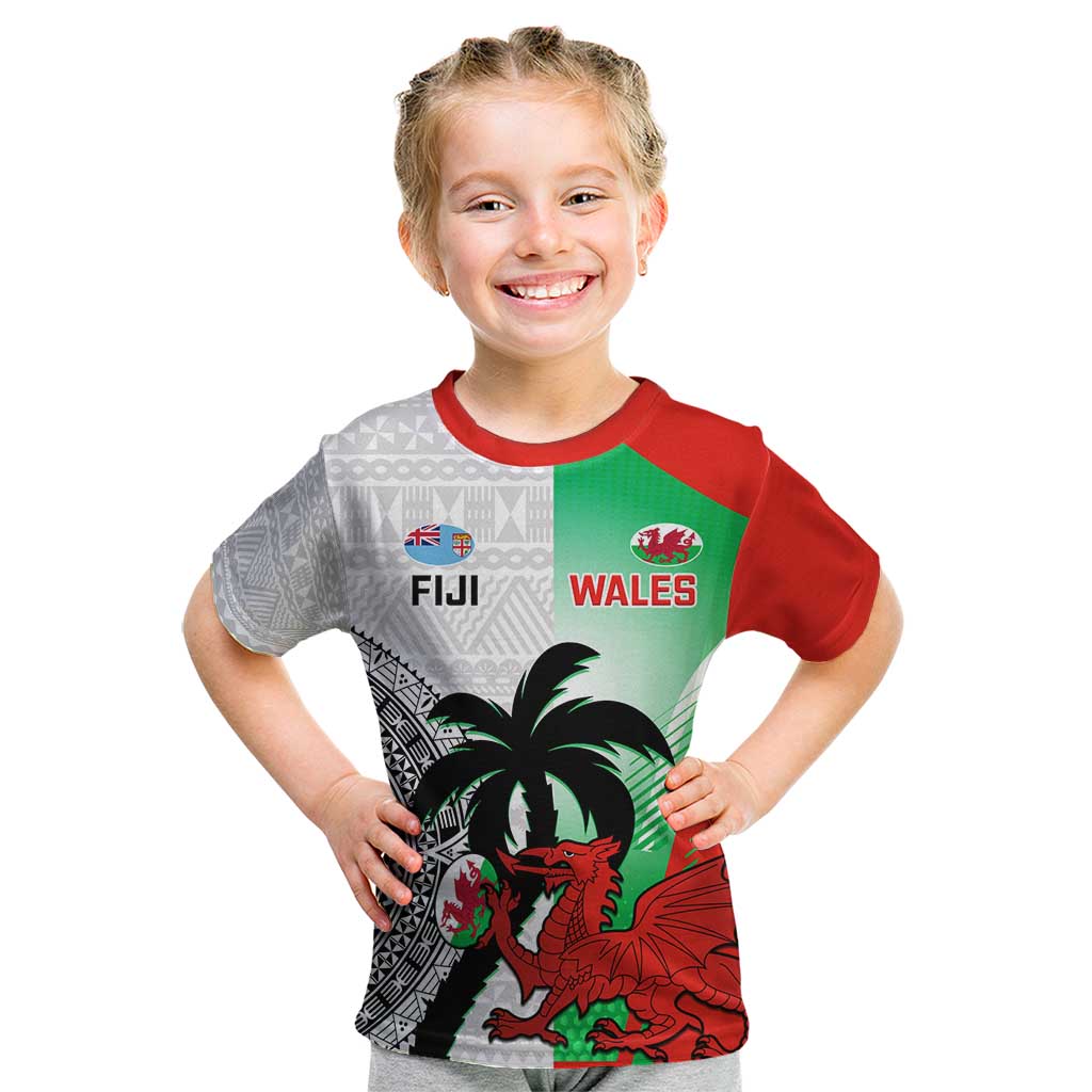 Custom Fiji And Wales Rugby Kid T Shirt Fijian Tapa Welsh Mascots Dynamic Version - Wonder Print Shop