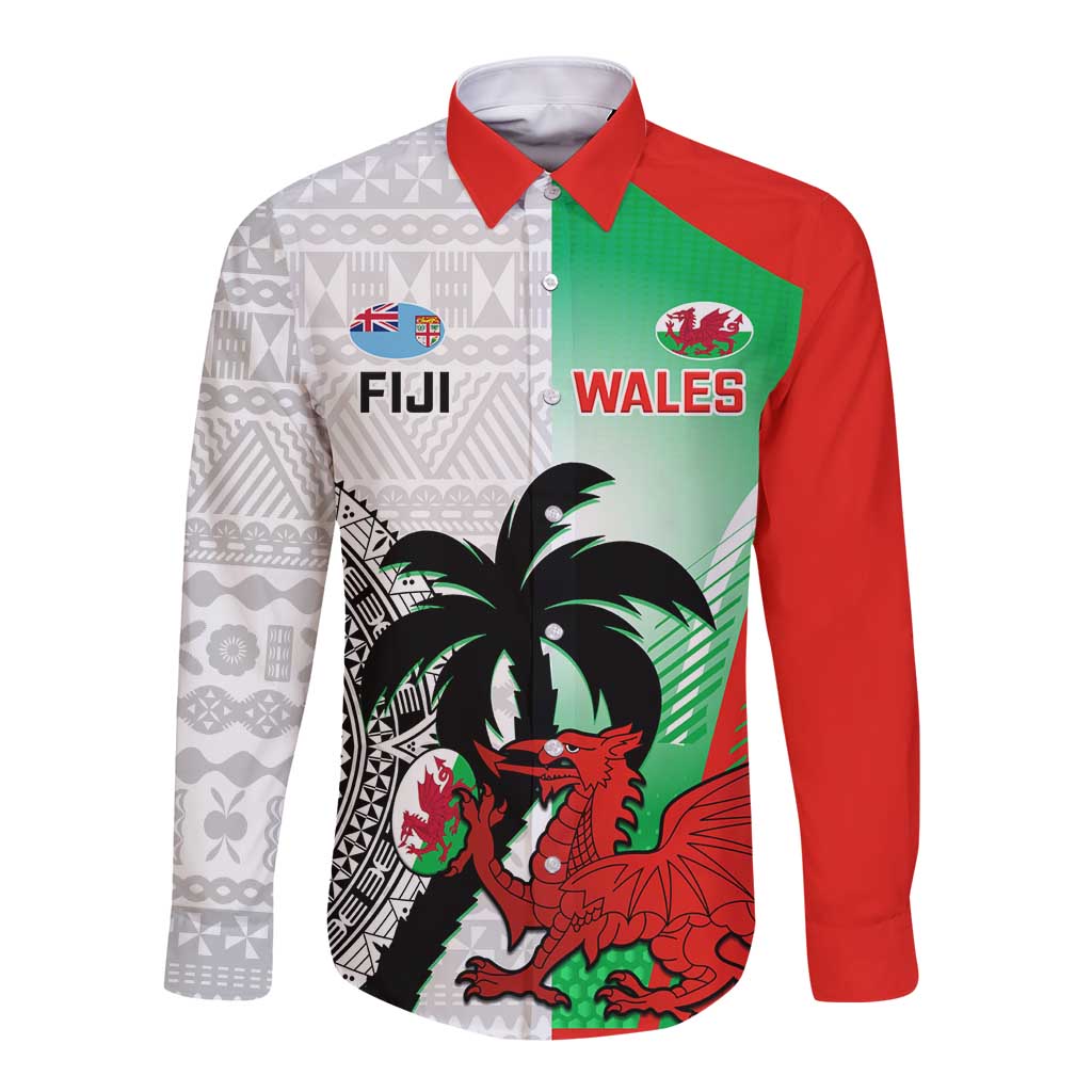 Rugby button shirt with red collar and sleeves, Fiji/Wales crest and mascot dragon graphic