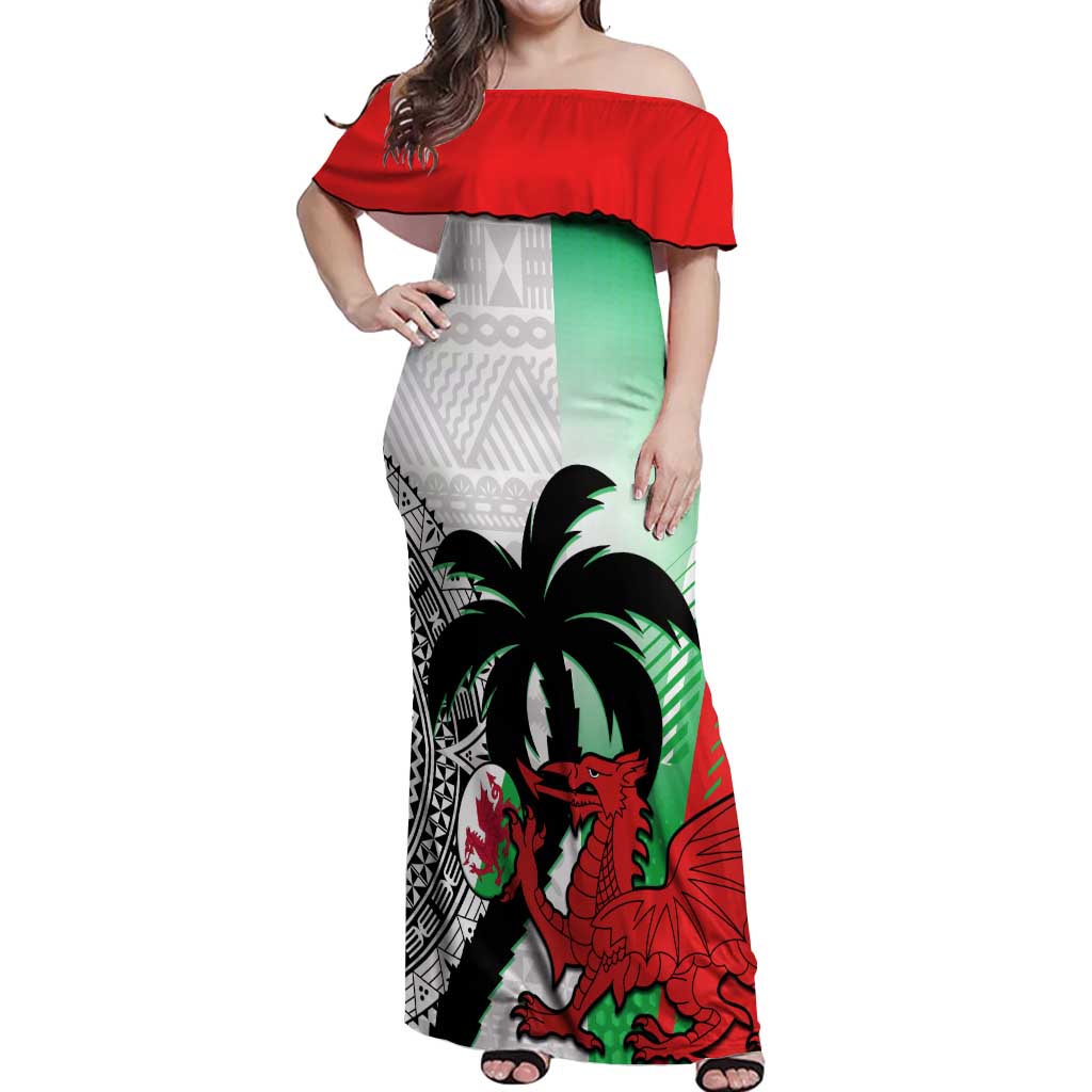 Custom Fiji And Wales Rugby Off Shoulder Maxi Dress Fijian Tapa Welsh Mascots Dynamic Version - Wonder Print Shop