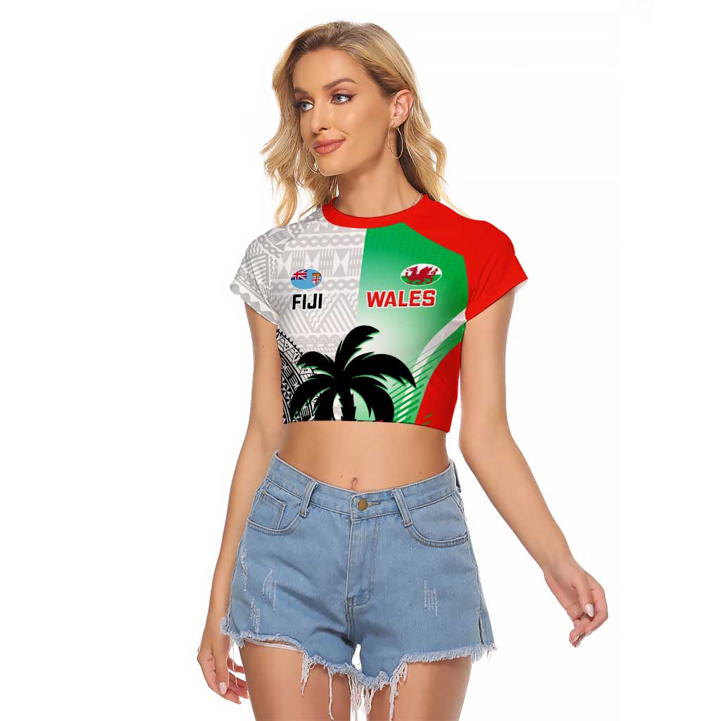 Custom Fiji And Wales Rugby Raglan Cropped T Shirt Fijian Tapa Welsh Mascots Dynamic Version - Wonder Print Shop