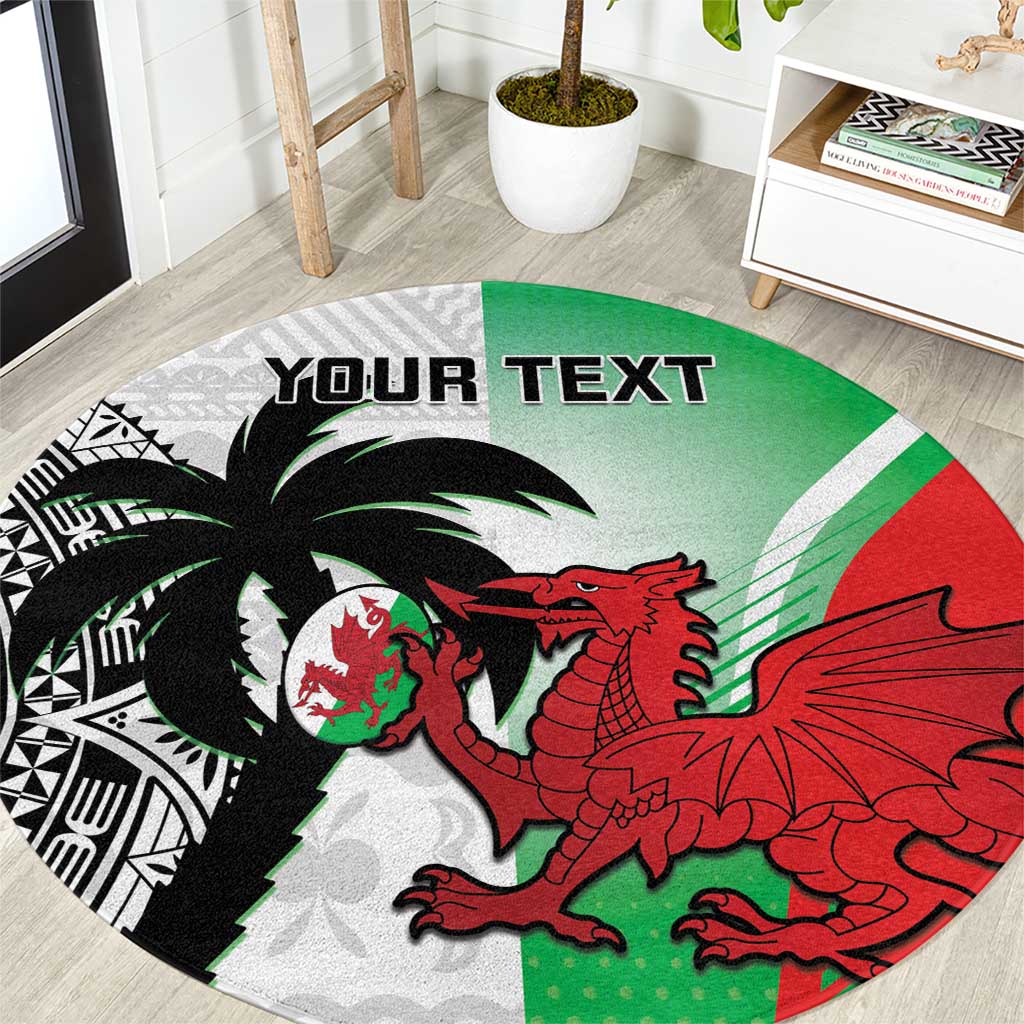 Round rugby rug with black, green, and red mascot graphics and 'YOUR TEXT' banner