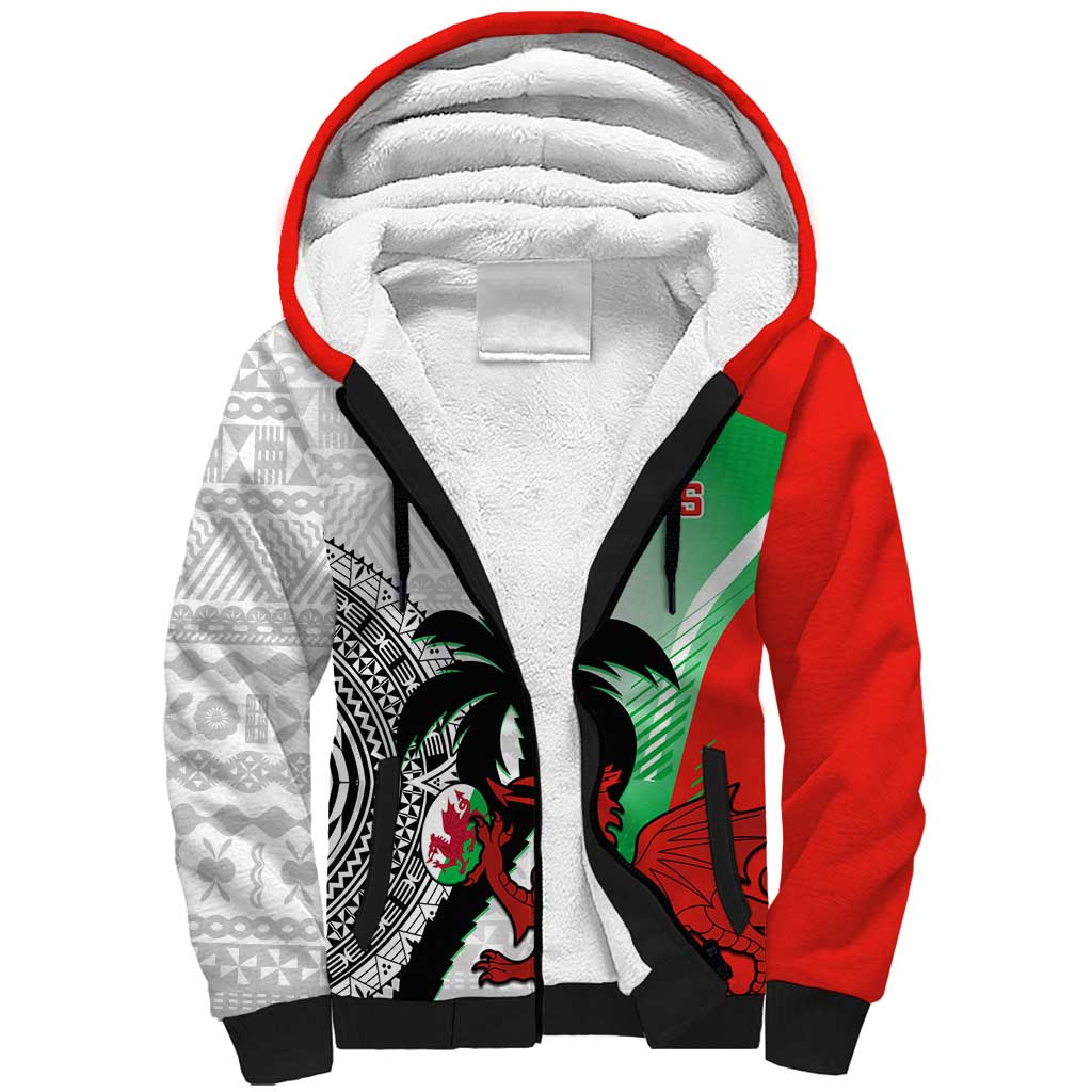 Custom Fiji And Wales Rugby Sherpa Hoodie Fijian Tapa Welsh Mascots Dynamic Version