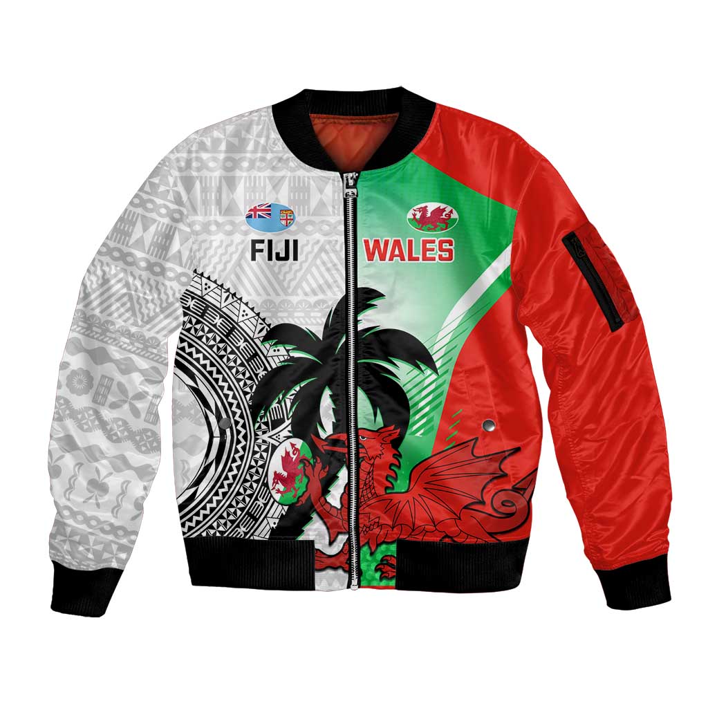 Custom Fiji And Wales Rugby Sleeve Zip Bomber Jacket Fijian Tapa Welsh Mascots Dynamic Version