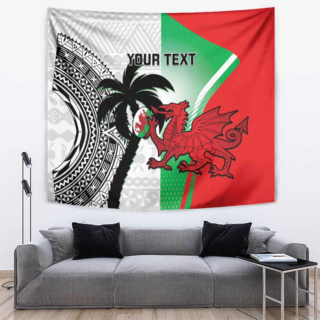 Red rugby tapestry with dragon emblem, green-white pattern, and centered 'YOUR TEXT'