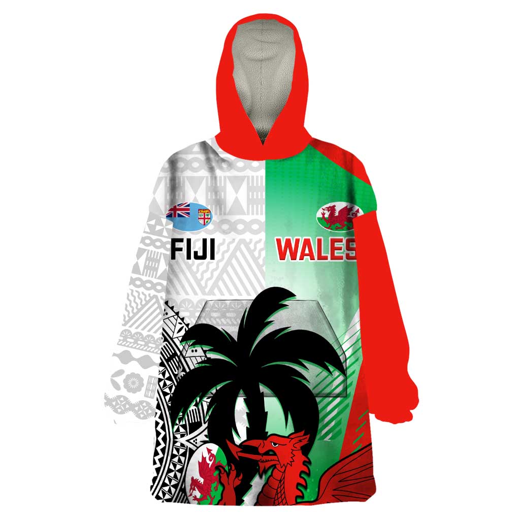 Custom Fiji And Wales Rugby Wearable Blanket Hoodie Fijian Tapa Welsh Mascots Dynamic Version