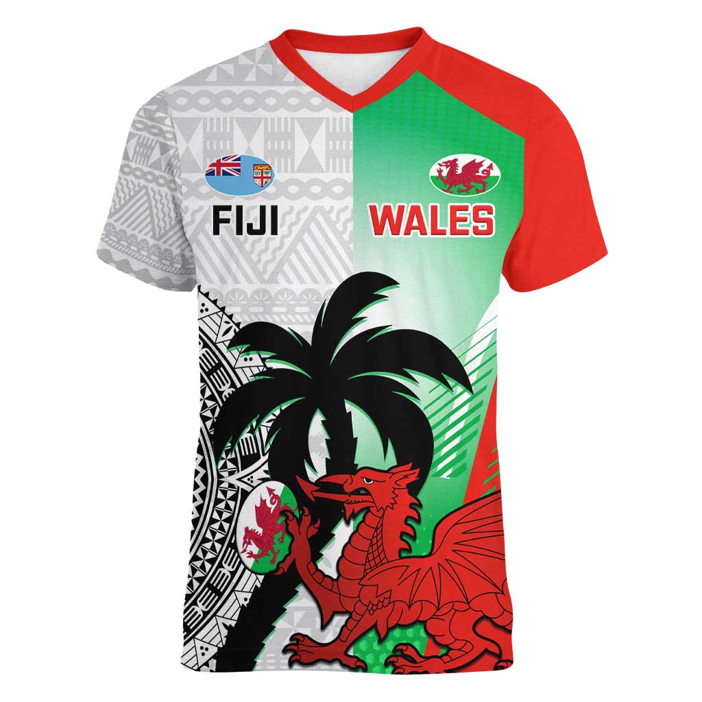 Custom Fiji And Wales Rugby Women V-Neck T-Shirt Fijian Tapa Welsh Mascots Dynamic Version