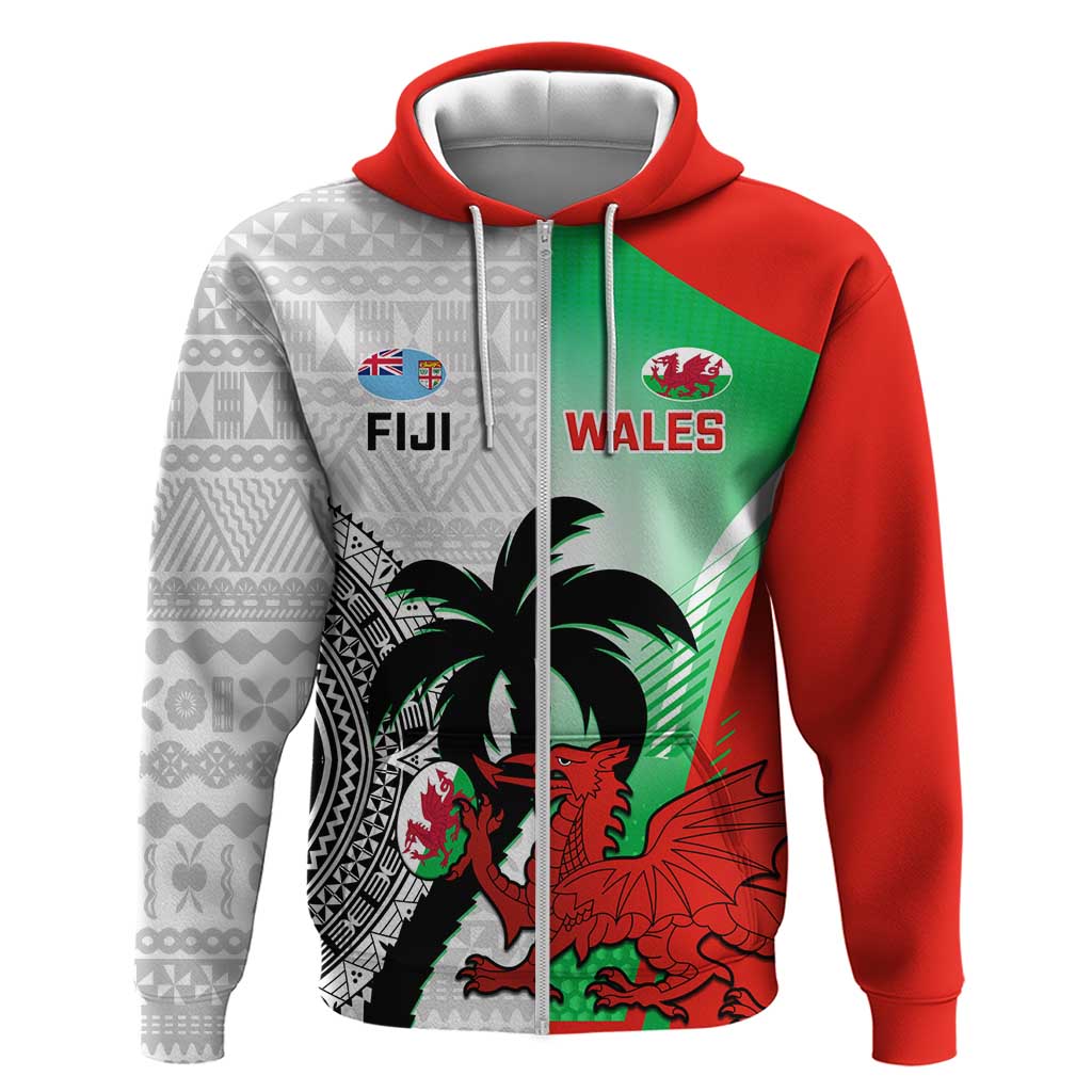 Custom Fiji And Wales Rugby Zip Hoodie Fijian Tapa Welsh Mascots Dynamic Version