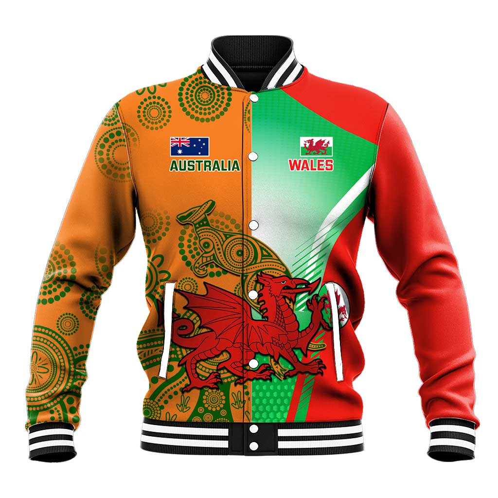 Red and green custom rugby baseball jacket with snap buttons and Australia/Wales graphic