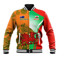 Red and green custom rugby baseball jacket with snap buttons and Australia/Wales graphic