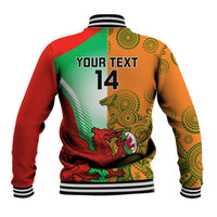 Multicolor back varsity jacket with striped collar, "YOUR TEXT" and number 14