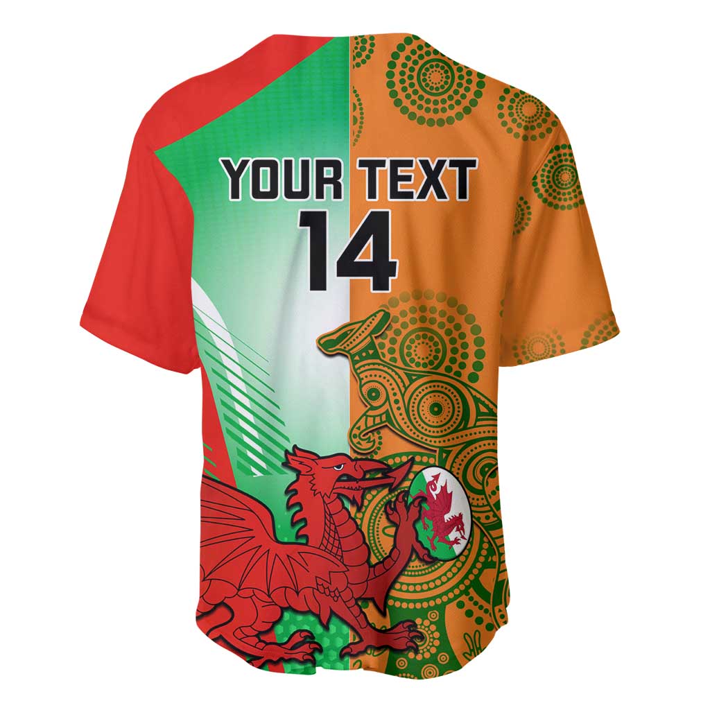 Back rugby baseball jersey with green-red-orange design, YOUR TEXT and number 14