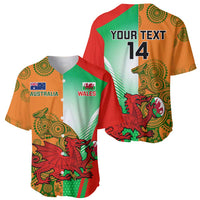 Rugby baseball jersey front and back pair with Australia/Wales crests and dragon mascots