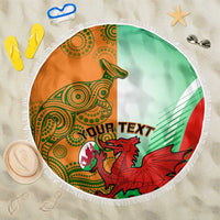 Round beach blanket with fringe, green white red design and custom text in center