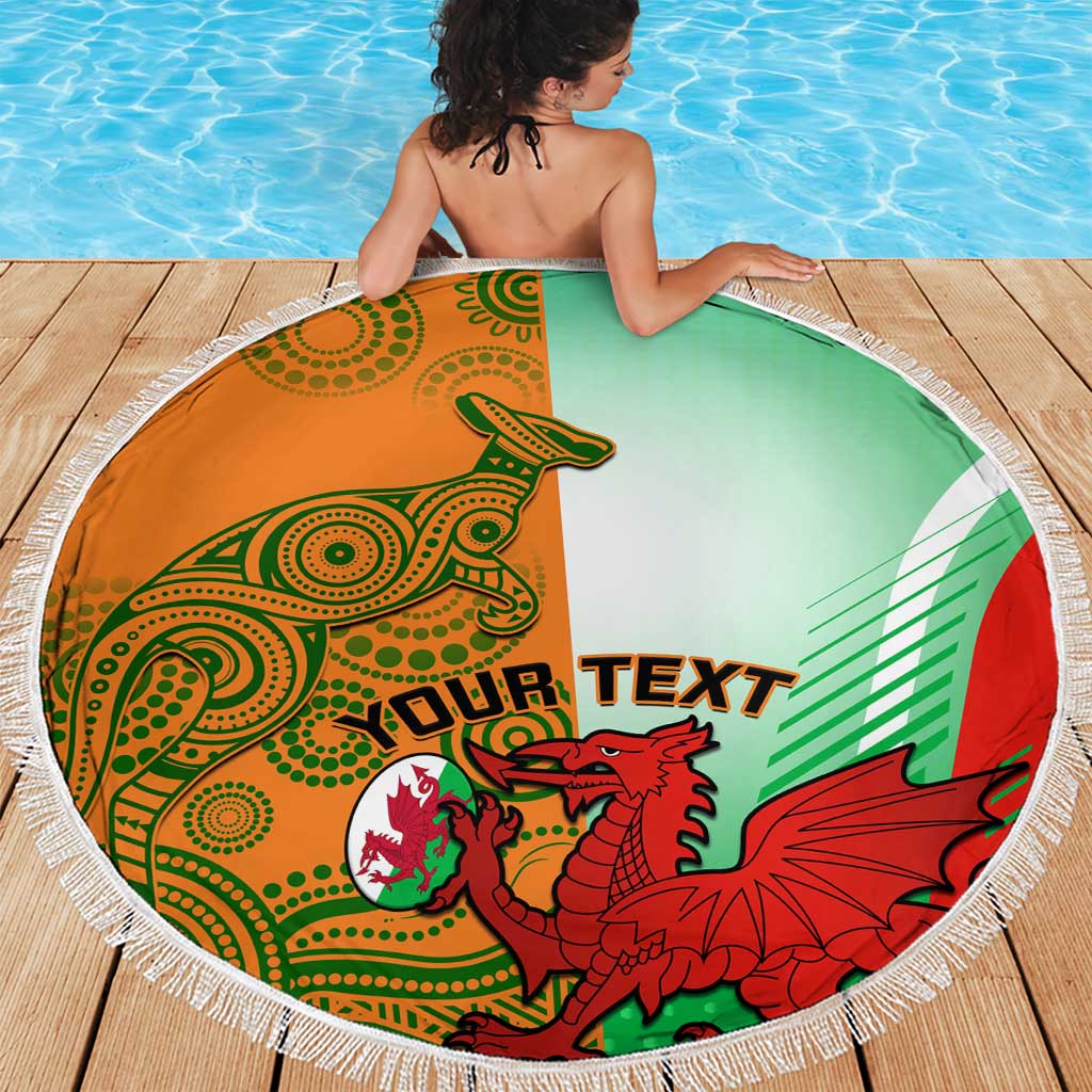 Round beach towel blanket with fringe, green orange and red dragon pattern with custom text