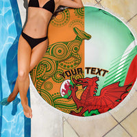 Round beach blanket with fringe, green white red design with dragon and custom text by pool