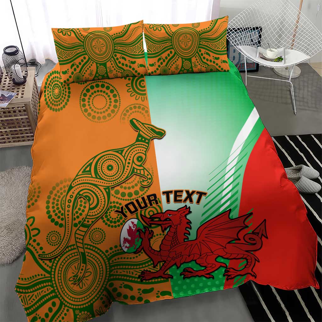 Rugby duvet cover with red dragon mascot, green and orange patterned panels, and bold text