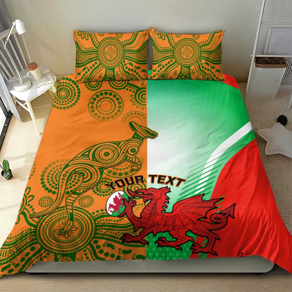 Rugby bedding set on bed: red, green & orange duvet with tribal graphics and 2 matching pillows