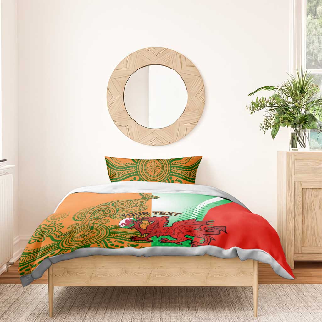 Rugby bedding set on bed: orange, green & red duvet with mascot graphic and matching pillowcases