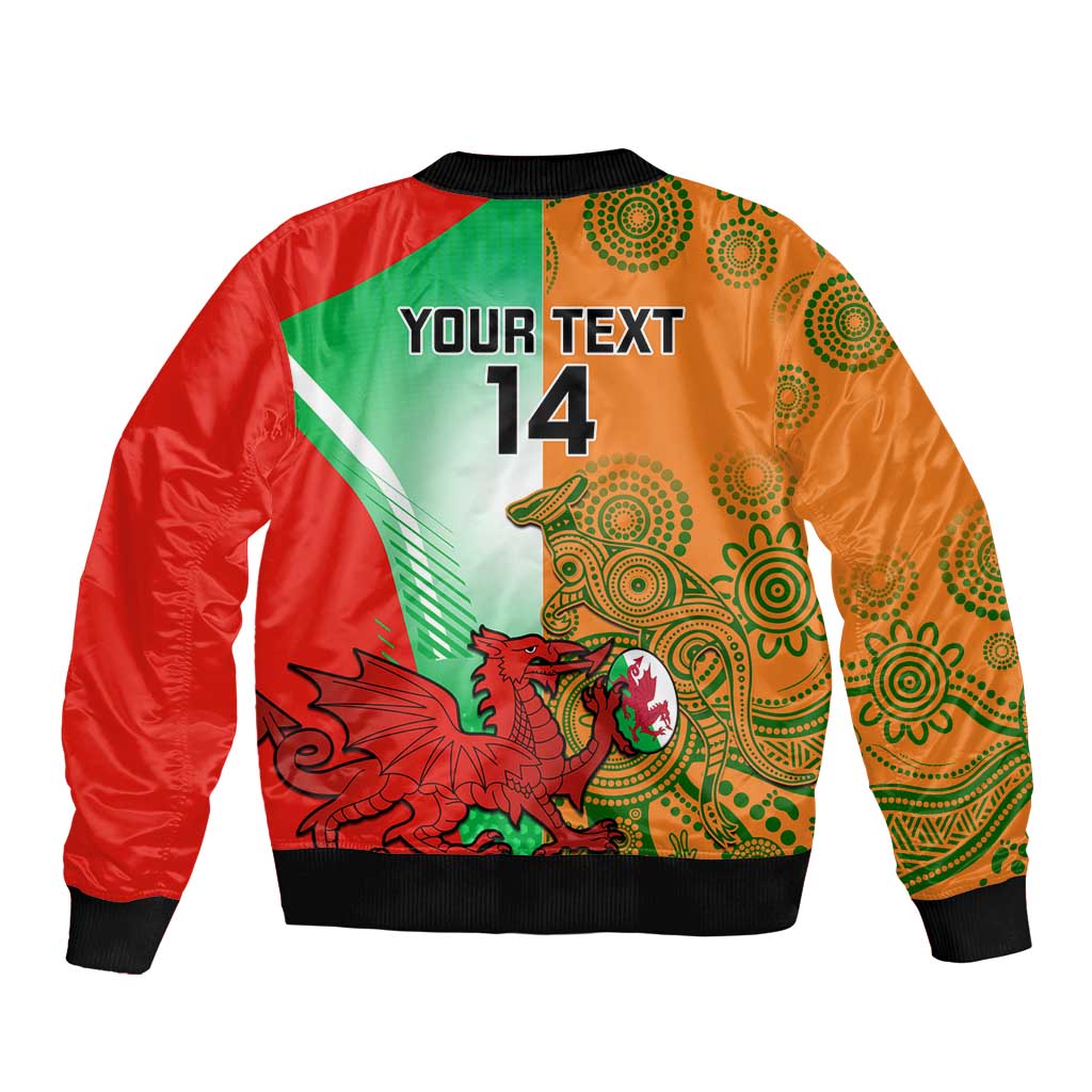 Red bomber jacket with back graphic “YOUR TEXT 14”, mascots, black ribbed hem