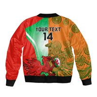 Red bomber jacket with back graphic “YOUR TEXT 14”, mascots, black ribbed hem
