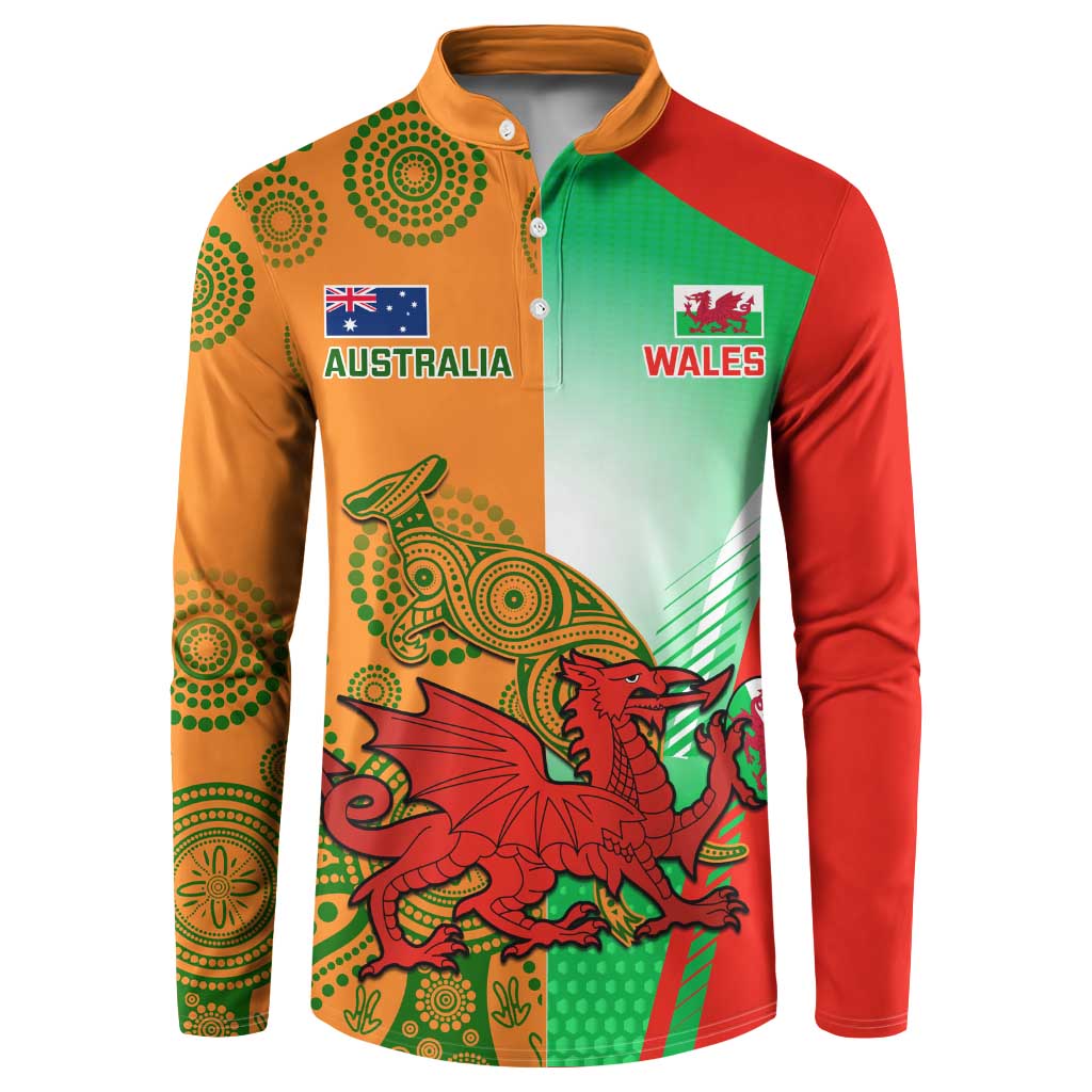 Rugby button sweatshirt with Australia and Wales logos, green red yellow pattern and placket