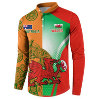 Rugby button sweatshirt, Australia and Wales crest front, multicolor wildlife graphic