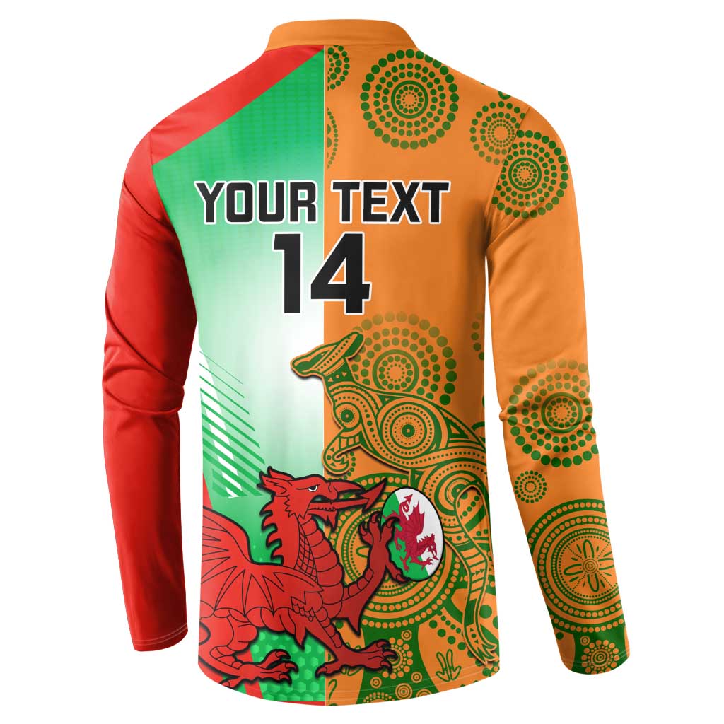 Rugby button sweatshirt, back “YOUR TEXT 14” print with red green yellow wildlife artwork