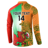 Rugby button sweatshirt, back “YOUR TEXT 14” print with red green yellow wildlife artwork
