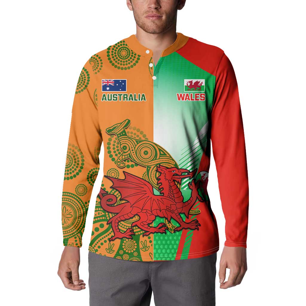 Rugby button sweatshirt on model, Australia and Wales logos with multicolor animal graphic