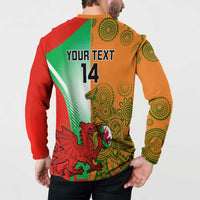 Rugby button sweatshirt, multicolor back print with “YOUR TEXT 14” and animal graphic